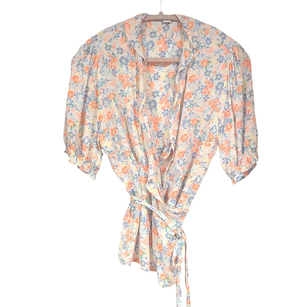 Old Navy Floral Wrap Top L Multi-Color Puff Sleeve Cottagecore Boho Top - Picture 2 of 10